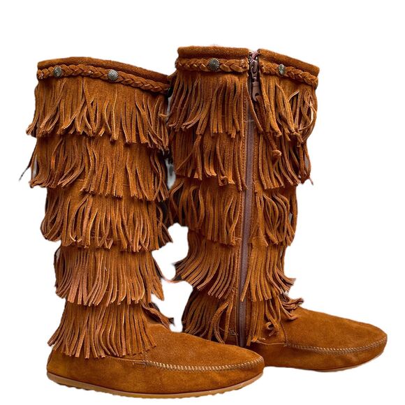 Minnetonka Women’s 5-Layer Fringe Suede Leather Tall Boots Brown Boho Size 11 - Picture 10 of 12